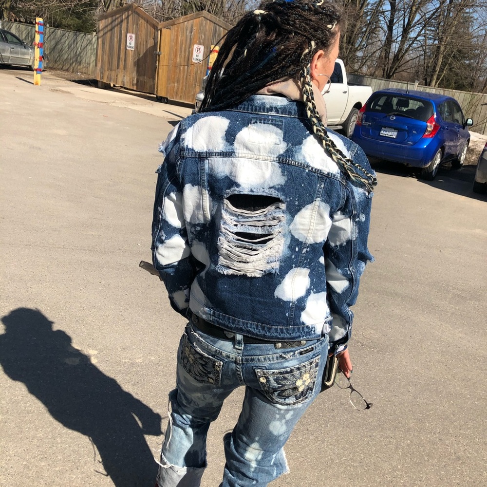 Distressed, unique jean jacket, size medium